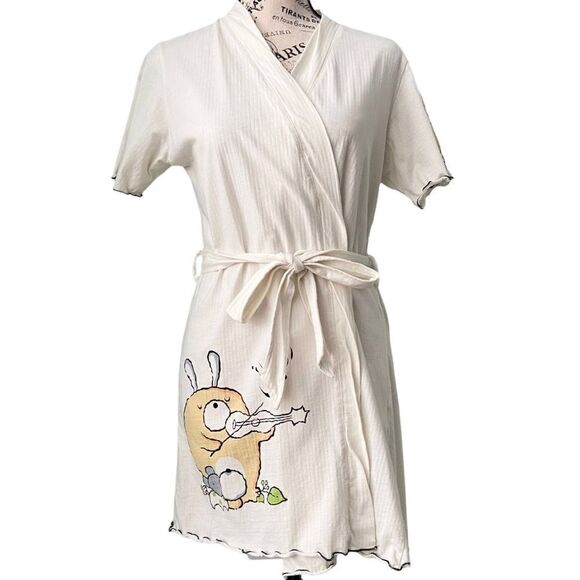 White Printed Wrap Mini Dress/Bathrobe Style in Size Junior Large - Picture 1 of 10
